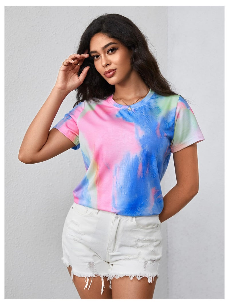 Verdusa Women's Short Sleeve Crewneck Tie Dye Tee Shirt Top Multicolor M - Image 5